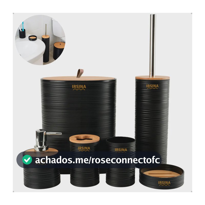 Kit Banheiro Conjunto De Acessórios Moderno Bambu Lixeira Saboneteira Escova Cor Preto Irsina