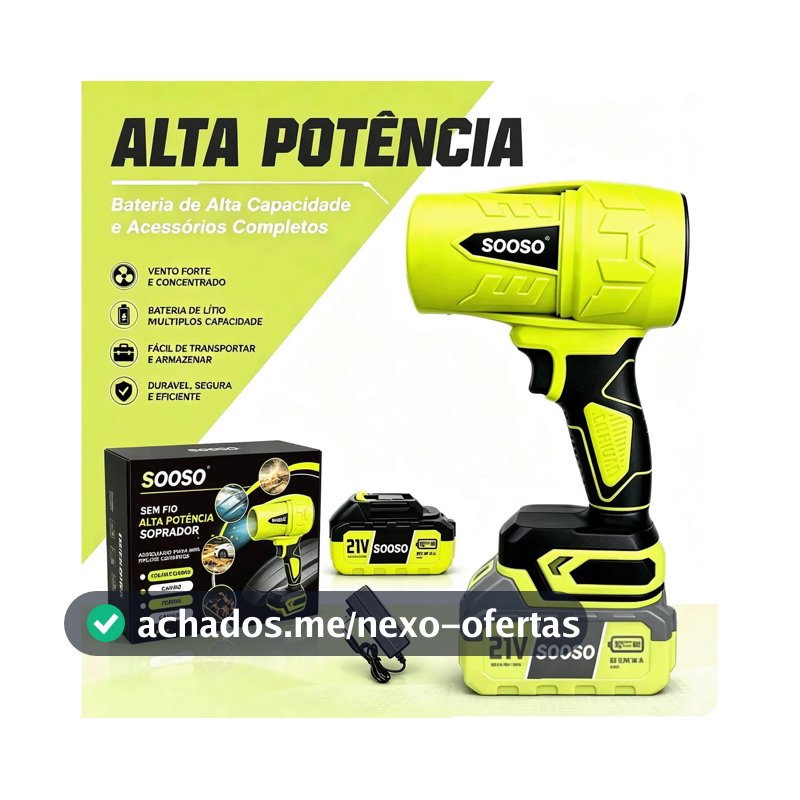 Sooso Soprador de Ar Potente 21V Sem Fio a Bateria Portátil para Secagem Automotiva Limpeza Casa Jardim Folhas Eletrônicos