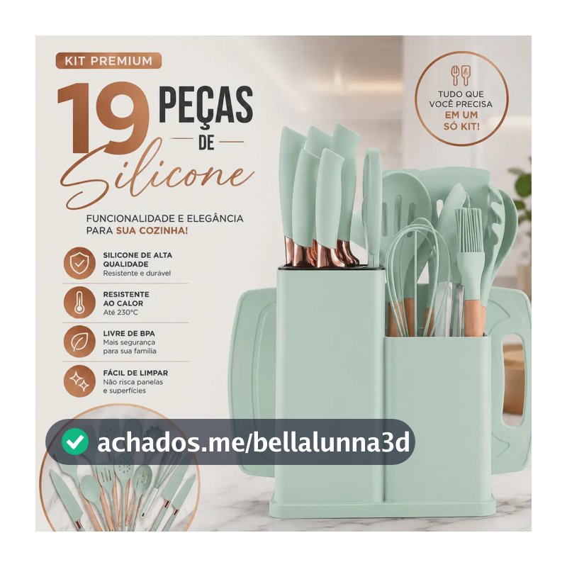 Kit de 19 Utensílios de Silicone Com Cabo de Madeira Para Panelas Antiaderentes Verde