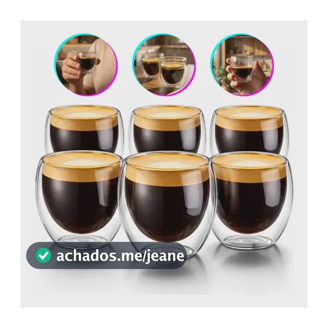 Copos Café Vidro Kit 6 Unidades Parede Dupla 90ml Borossilicato Transparente para Expresso Chá Bebidas Quentes Luxo