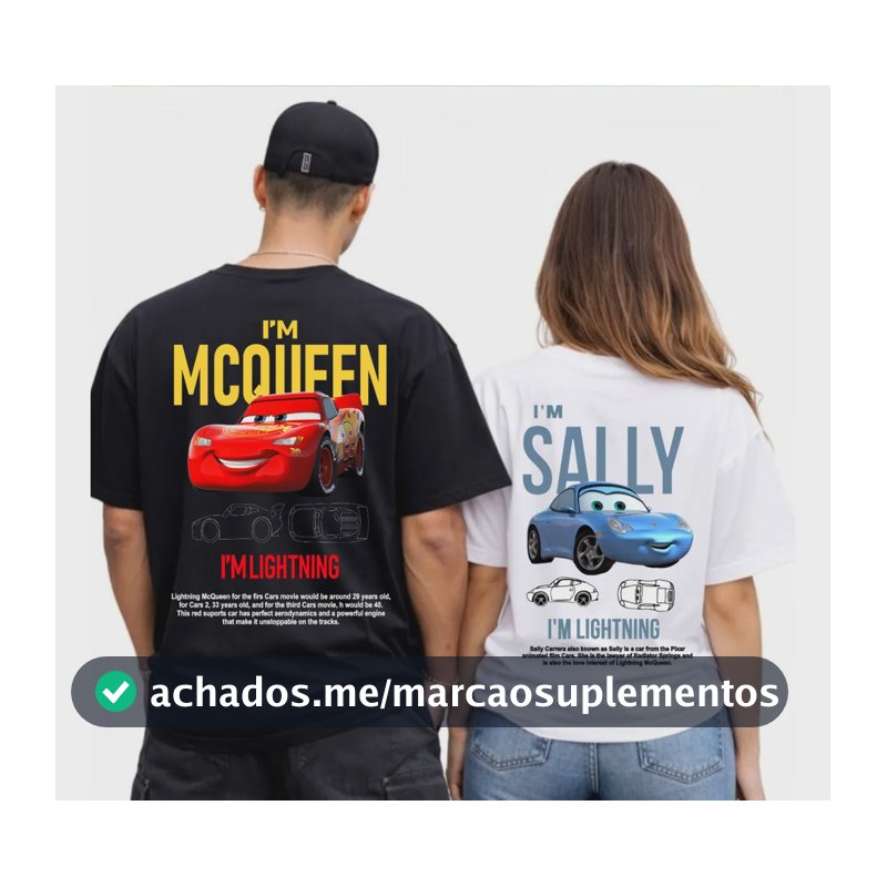Kit Camiseta Casal Streetwear Carros Mcqueen + Sally Full Preto M