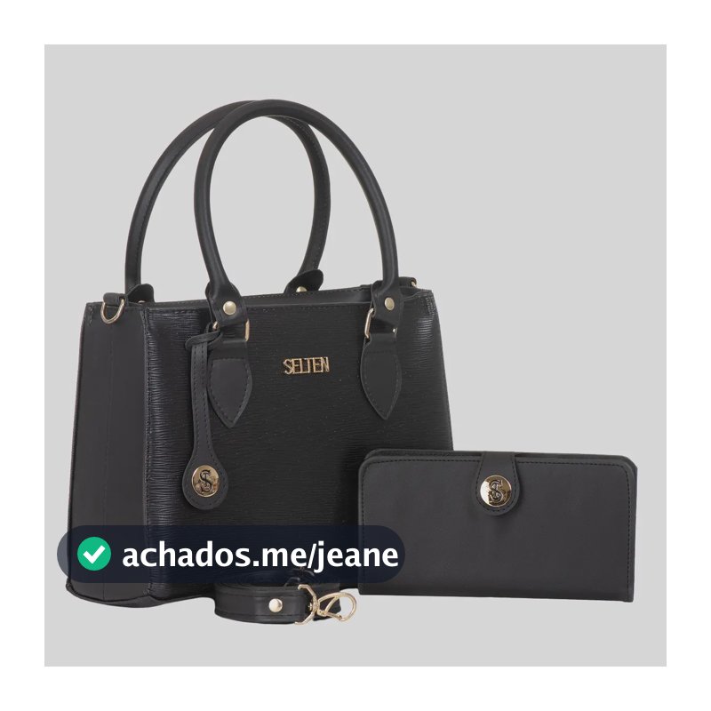 Kit Bolsa Media Feminina Transversal E De Mão Com Carteira Acambamento dos ferragens Ouro Cor Preto Desenho do tecido Lisa