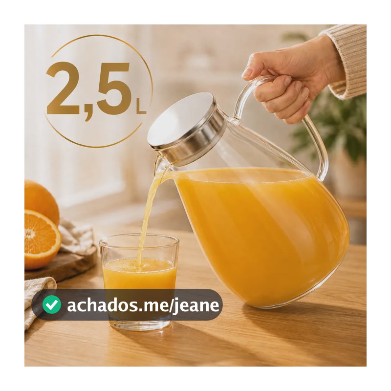 Jarra Vidro Borossilicato 2,5 Litros Tampa Inox Hermética Agua Suco Transparente
