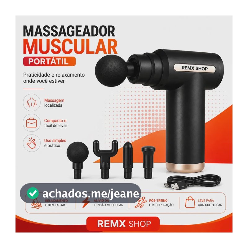 Pistola Massageadora Muscular REMX SHOP de Fisioterapia com 6 Velocidades e 4 Cabeças