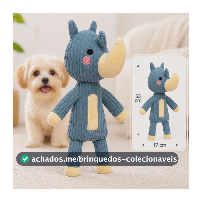 Brinquedo Pelúcia Pet Mordedor Apito Cachorro Caes Diversão Azul-aço Rinoceronte