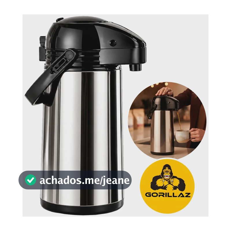 Garrafa Térmica Inox 1 Litro Com Bomba De Pressão Ideal Para Bebidas Quentes Ou Frias Água Café Chá Leite Gorillaz