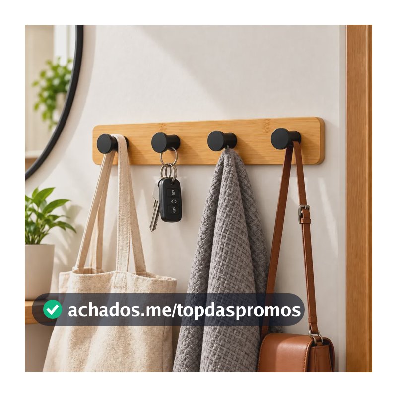 Gancho Cabide Parede Bambu Metal Adesivo 4 Suportes Chaves Bambu/preto