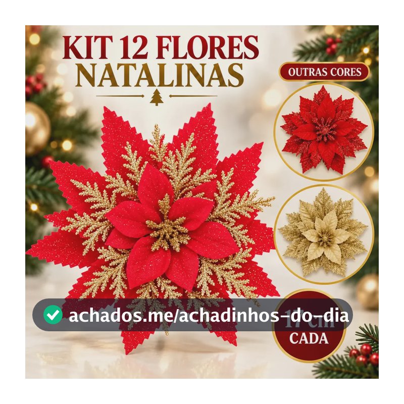Kit 12 Flores Enfeite Artificial Glitter 17cm Decoração Árvore De Natal Vermelho e Dourado Luvinco