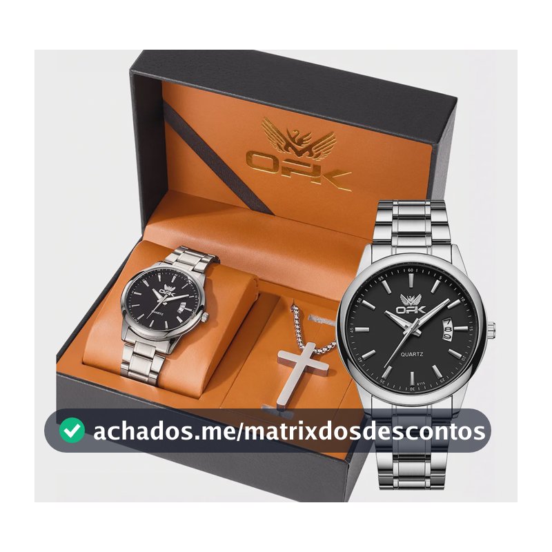 Opk Original Conjunto De Relógio E Colares Masculino 6010 Prateado Preto