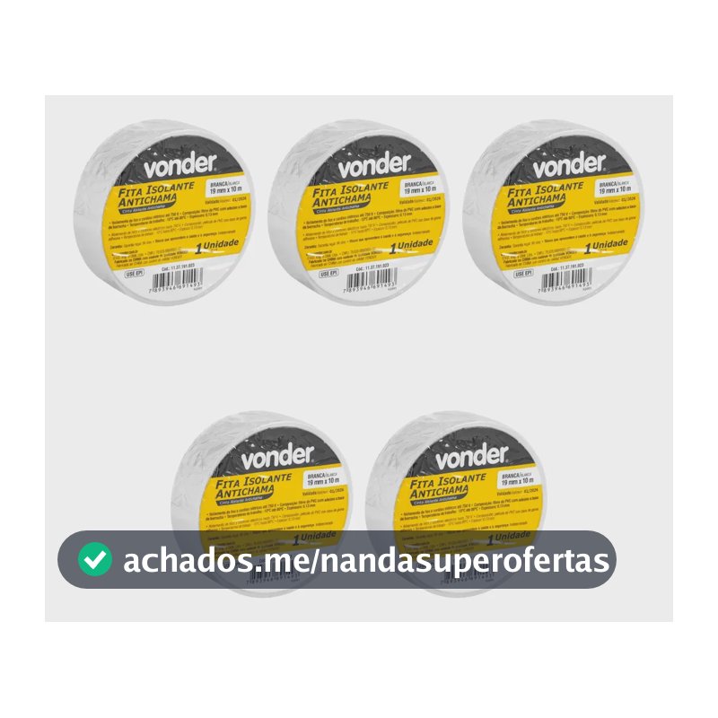 Kit 5 Fitas Isolantes, 19,0 Mm X 10 Metros Brancas - Vonder Branco Lisa