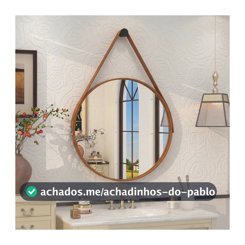 Espelho Redondo 60cm Adnet Alça de Couro Caramelo Dupla Costura e Suporte em Alumínio Quarto, Banheiro, Sala MF901