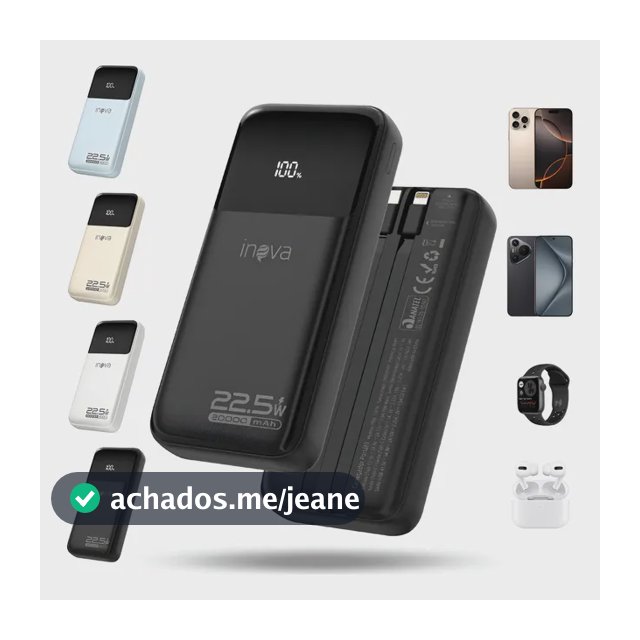 Power Bank 20000mah Portátil Rápida 22.5w Com Cabo Embutido