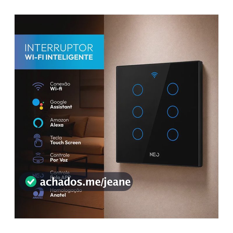 Interruptor Inteligente Smart Wi-fi 2.4 GHz Alexa google 6 Botões 4x4 Bivolt Preto Cod: 291990446 Neo Avant