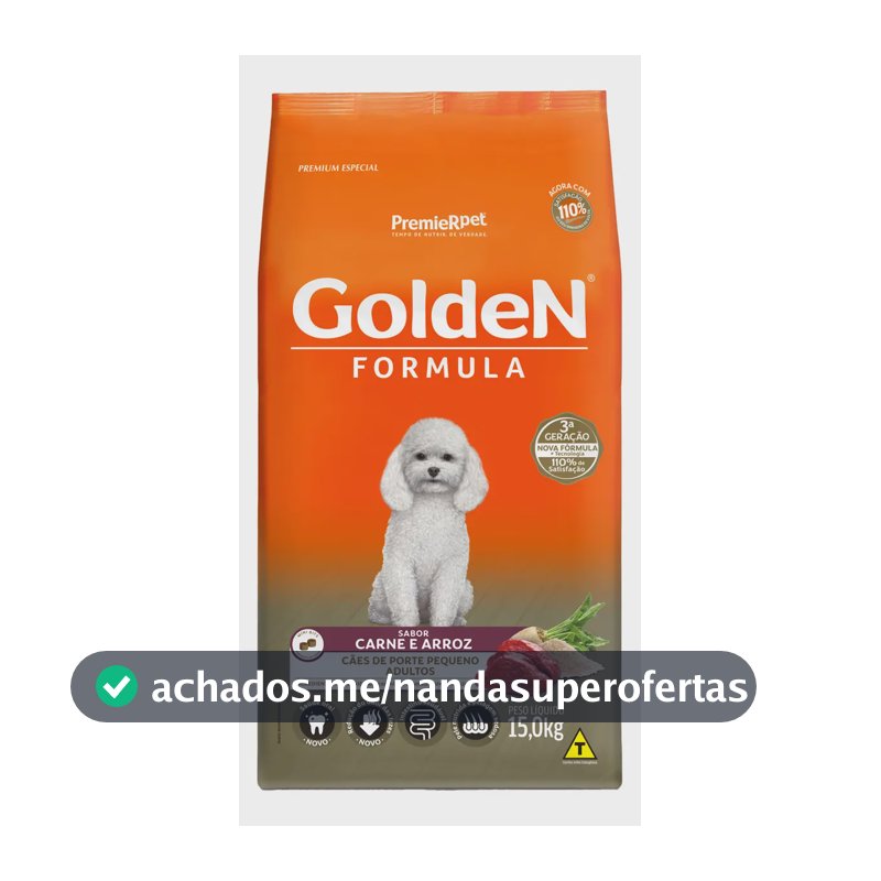 Ração Golden Fórmula Mini Bits para Cães Adultos de Pequeno Porte Sabor Carne e Arroz 15kg