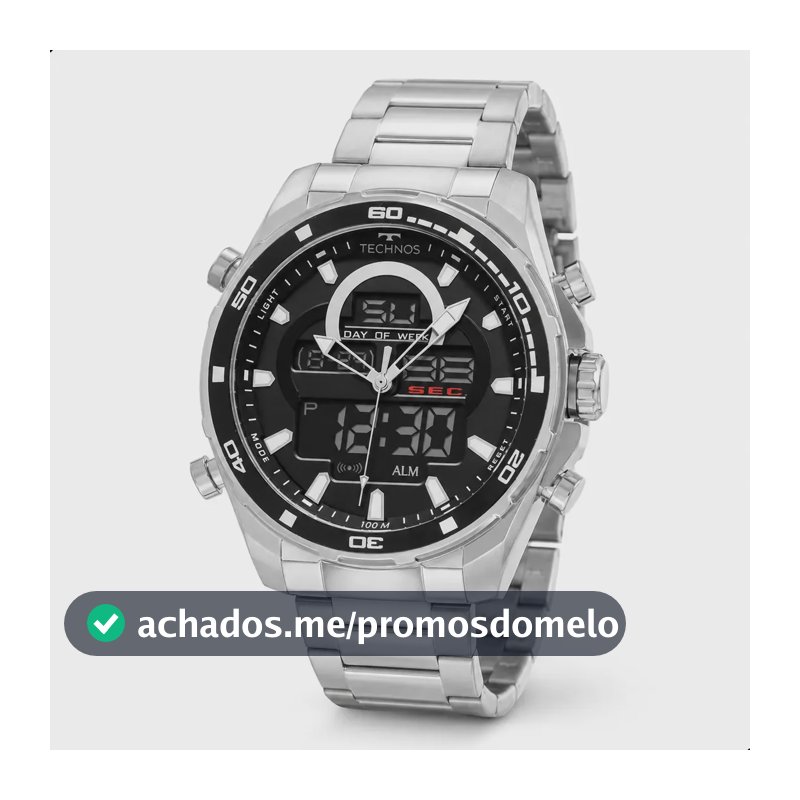 Relógio Technos Masculino BJK626AA/1K 50 Milímetros Anadigi Prata Todo em Aço Inox com Cronógrafo Alarme Calendário Prova D´agua 100m