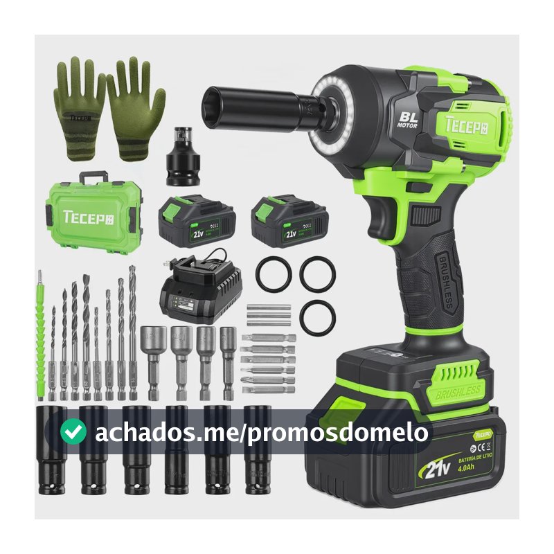 Chave De Impacto 600n.m Sem Escova Tecepo Com 2 Baterias 4ah Verde-limão 60hz