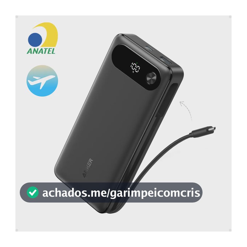 Power Bank Anker Carregador Portátil De 20000mah 87W Com Cabo Usb-c Integrado 3 Portas E Carregamento Rápido Compatível Com Macbook iPhone Samsung Switch E Outros Preto