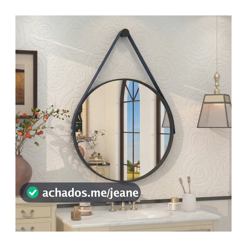Espelho Redondo 60cm Adnet Alça de Couro Azul Dupla Costura e Suporte em Alumínio Quarto, Banheiro, Sala MF901