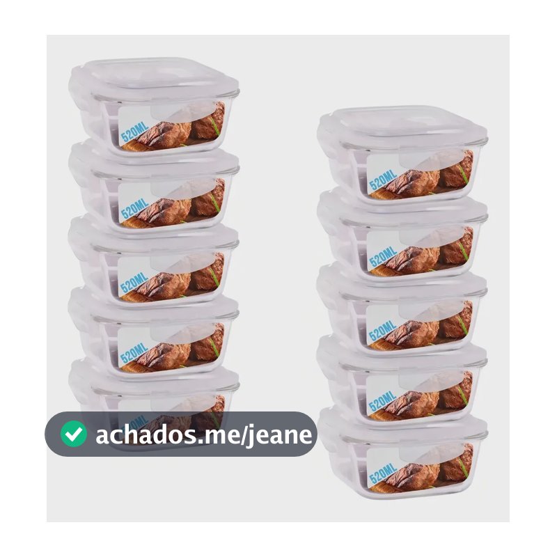 Conjunto 10 Potes De Vidro 520mL Herméticos Quadrados Com Tampa