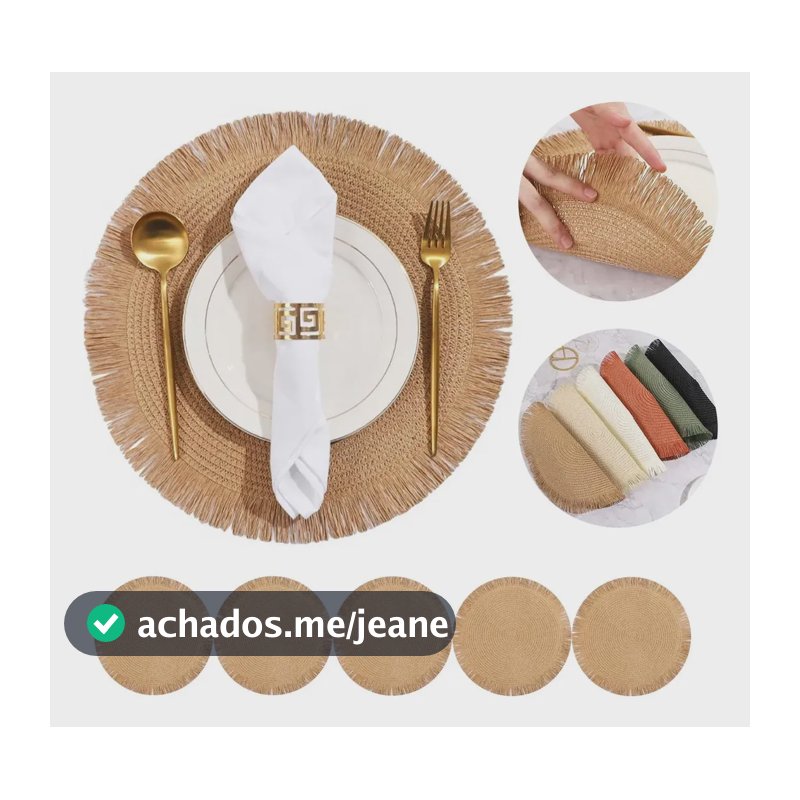Kit 6 Sousplats Redondos Trançados de Papel Marrom, Preto, Verde com Franjas, 38" para Mesa Posta Rústica