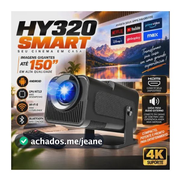 Projetor HY320 Smart TV CPU H713 WiFi 6 4K Android 2026 VLX Full HD 390 ANSI Bluetooth 5.0 180° Tela Grande 150 Polegadas HDMI USB Bivolt Cinema em Casa Filmes Séries Jogos Portátil Controle Remoto