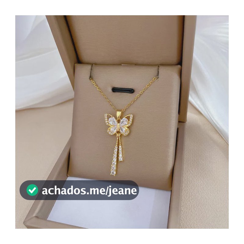 Colar Feminino Inox Borboleta Zircônias Banhado A Ouro 18k Dourado