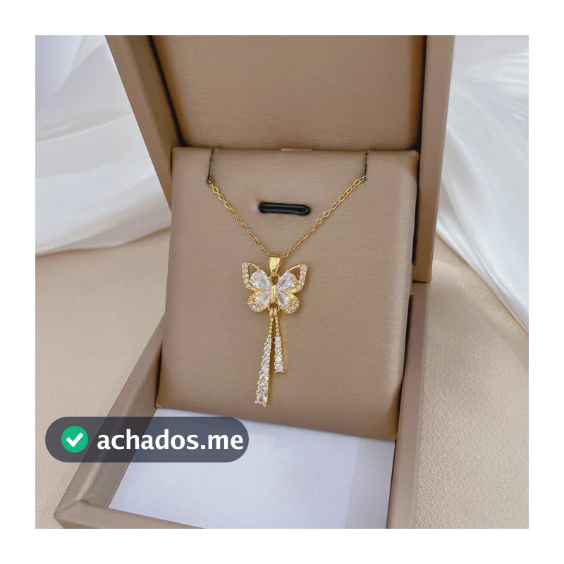 Colar Feminino Inox Borboleta Zircônias Banhado A Ouro 18k Dourado