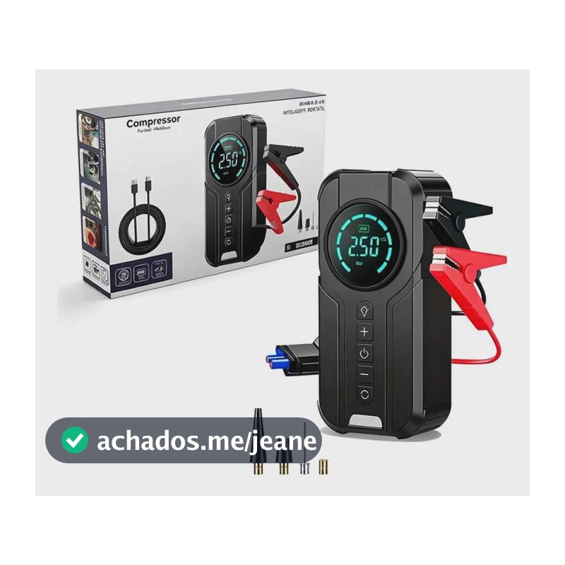 Compressor De Ar Portátil Auxiliar Partida Digital 4 Em 1 Preto 127/220v
