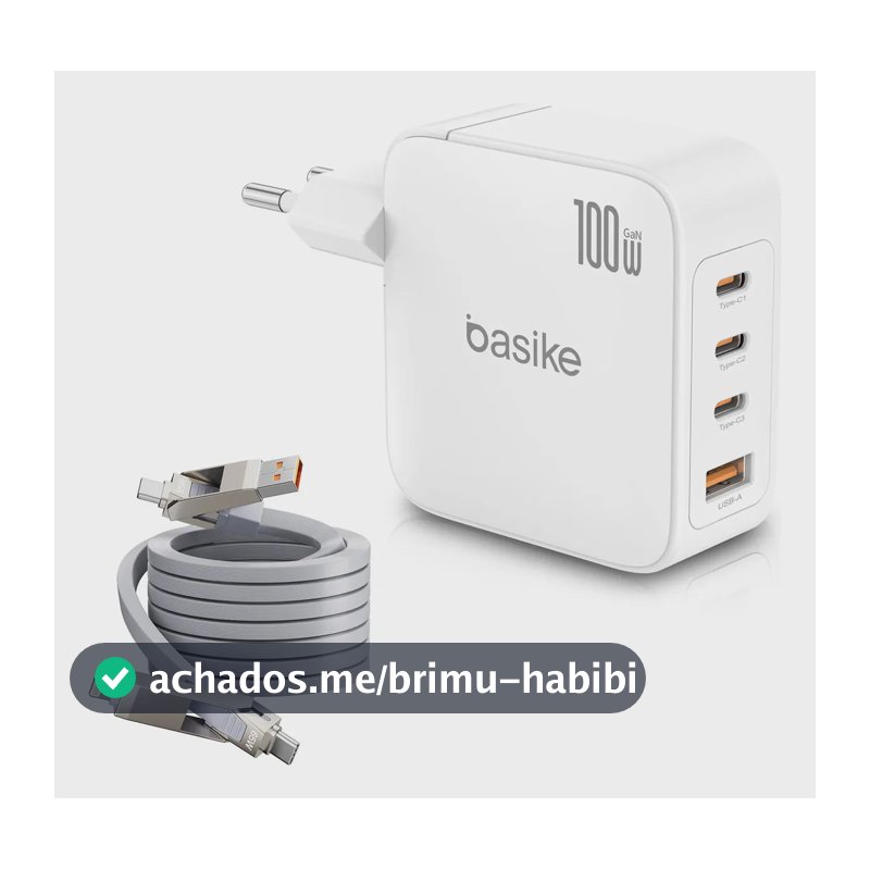 Carregador de Parede Basike 100W Turbo GaN com 3 USB-C e 1 USB-A, e Cabo de Dados 4 em 1
