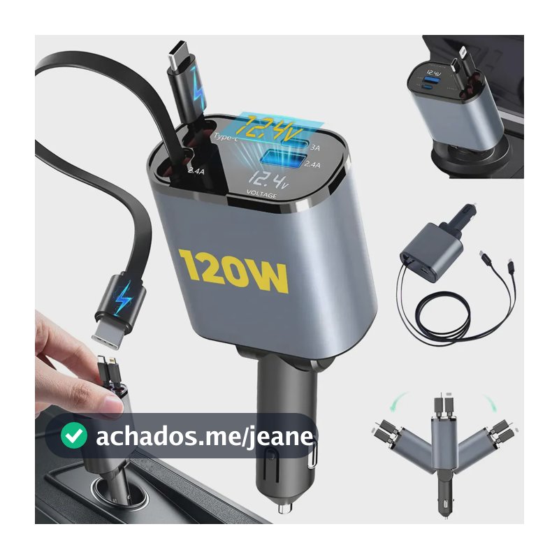 Carregador Veicular Turbo 120w 4 Em 1 Tipo C +cabo usb-c de carro com cabo carregamento