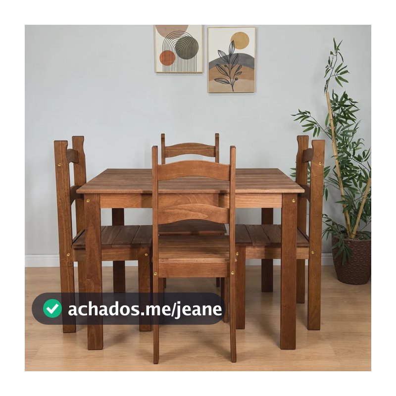 Jogo de Jantar Retangular 100x70 cm com 4 Cadeiras de Madeira Maciça Chocolate