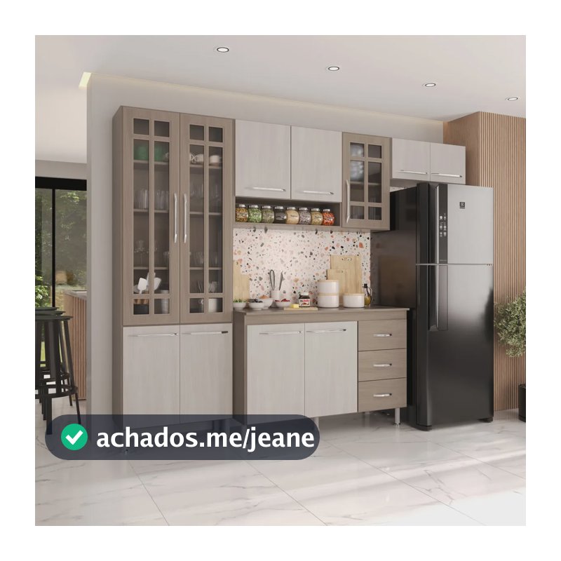 Armário De Cozinha Modulada Compacta Fidelitá Paris 4 Peças 260cm 11 Portas 3 Gavetas Com Tampo Nogal/Salinas