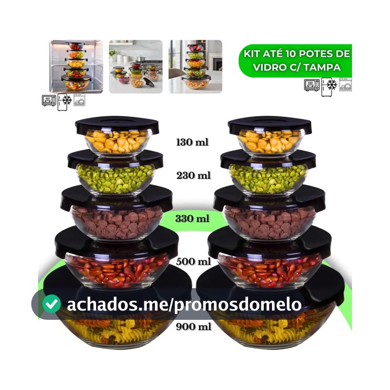 Kit 10 Potes De Vidro Hermético Com Tampa Tigela Redondo Freezer Micro-ondas Marmita Ideal para Alimentos e Refeições VYROX