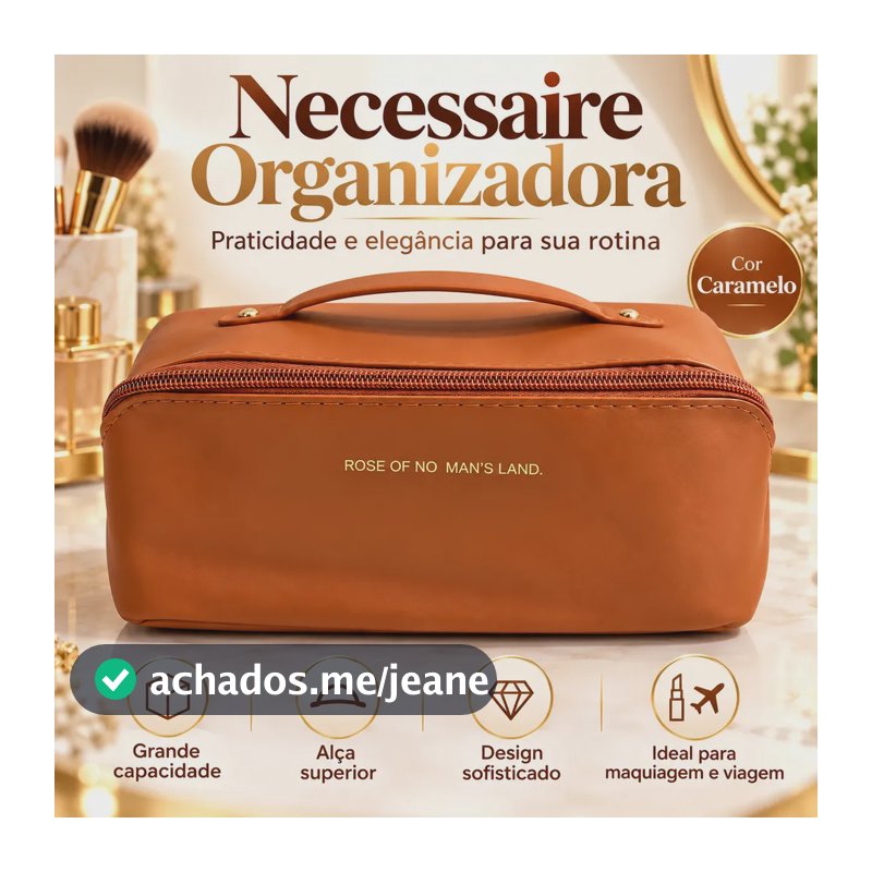 Necessaire Maquiagem Feminina Grande Cosméticos com Alça Bolsa Organizadora Viagem Couro Sintético Zíper Porta Maquiagem Higiene 4 Compartimentos Impermeável Cor Caramelo