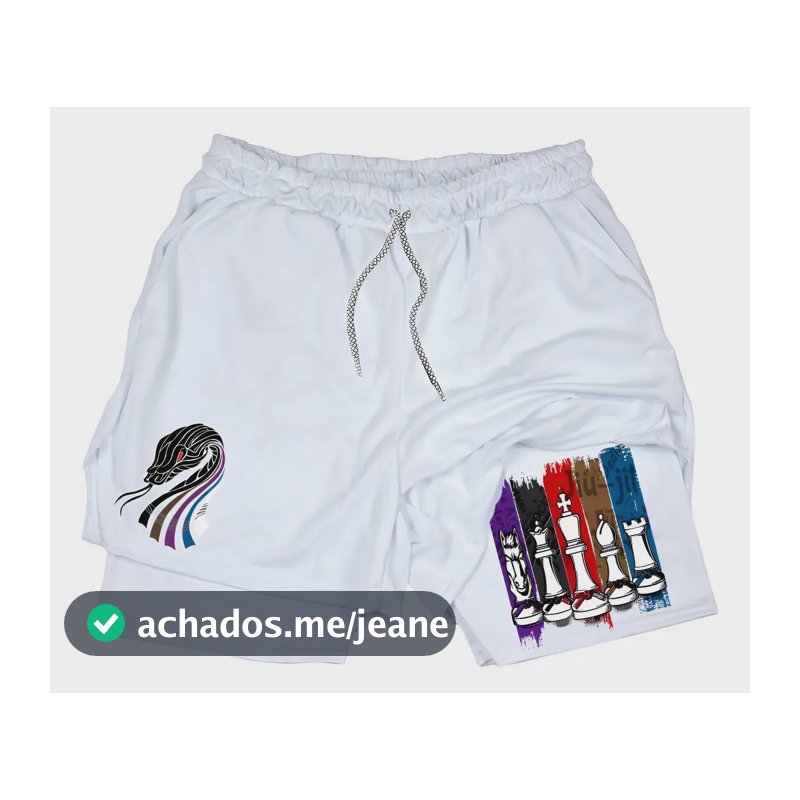 Short Compressao 2 Em 1 Jiu Jitsu Xadrez Brazilian Snake Gym Branco Gg