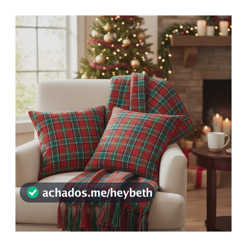 Kit Manta + 2 Capas De Almofada Jacquard Fio Tinto Natalino Vermelho E Verde Xadrez