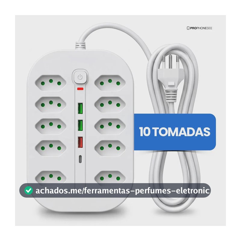Extensão Elétrica 10 Tomadas 3 USB 1 USB-C Pd Filtro de Linha com Proteção de Sobrecarga Tomada Multipla Tripolar Cabo 2 metros Régua Energia Com Interruptor De Segurança Protetor De Surto Bivolt