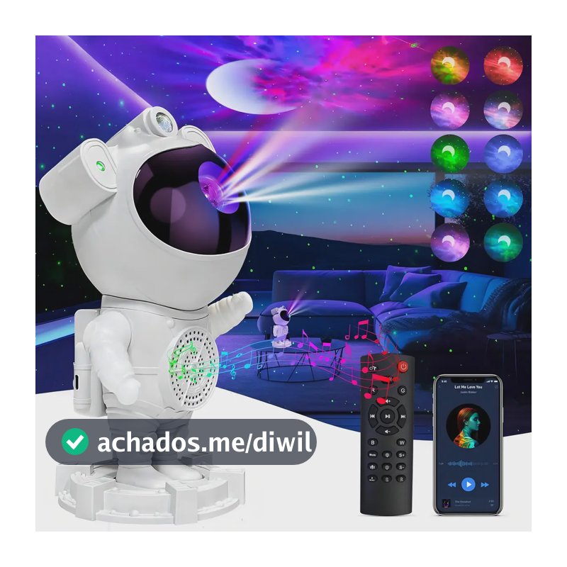 Projetor Astronauta para Teto Galáxia com Caixa de Som Bluetooth e Luz Noturna LED
