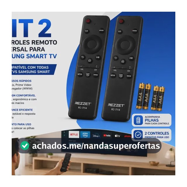 Kit 2 Controle Remoto Para TV Samsung Smart Universal Teclas Compatível Netflix Prime Video YouTube + 4 Pilhas