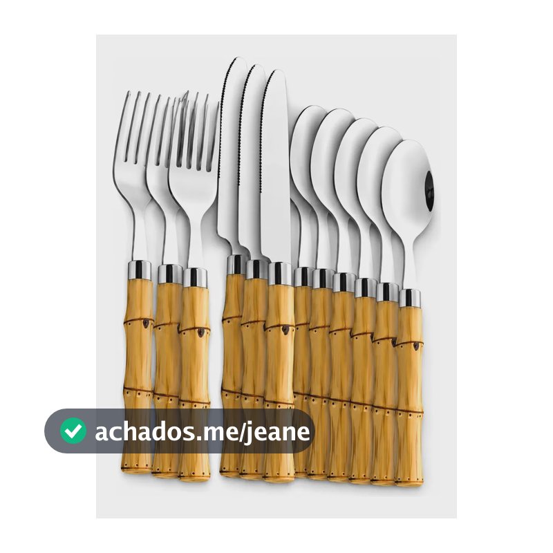 Jogo De Talheres 48 Peças Aço Inox Cabo Plástico Bambu