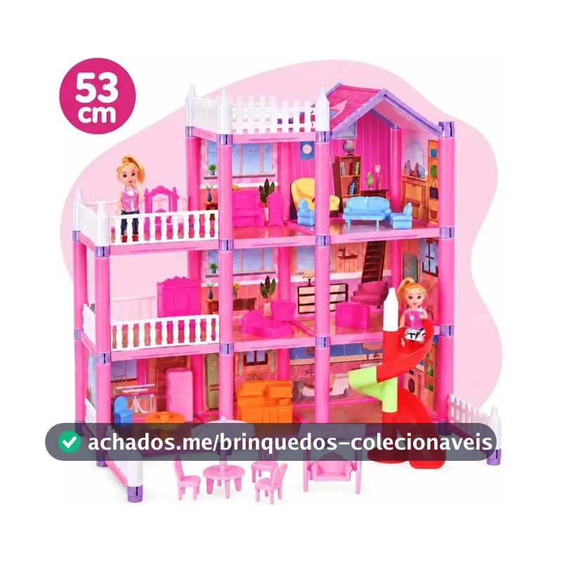 Casa de Boneca Grande 174 Peças 3 Andares 10 Ambientes Com Escorregador 2 Bonecas e Móveis Brinquedo de Montar 50x53cm Rosa Menina Kizumba