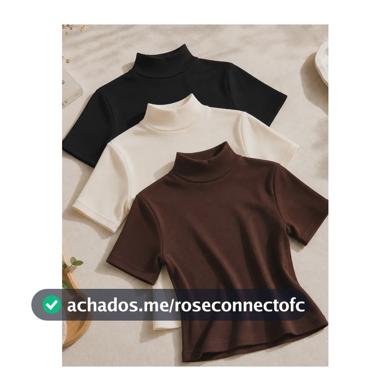 Kit 3 Blusas Gola Alta Feminino Manga Curta Básica Casual Preto/marrom/off-white Lisa Único: 36 A 42