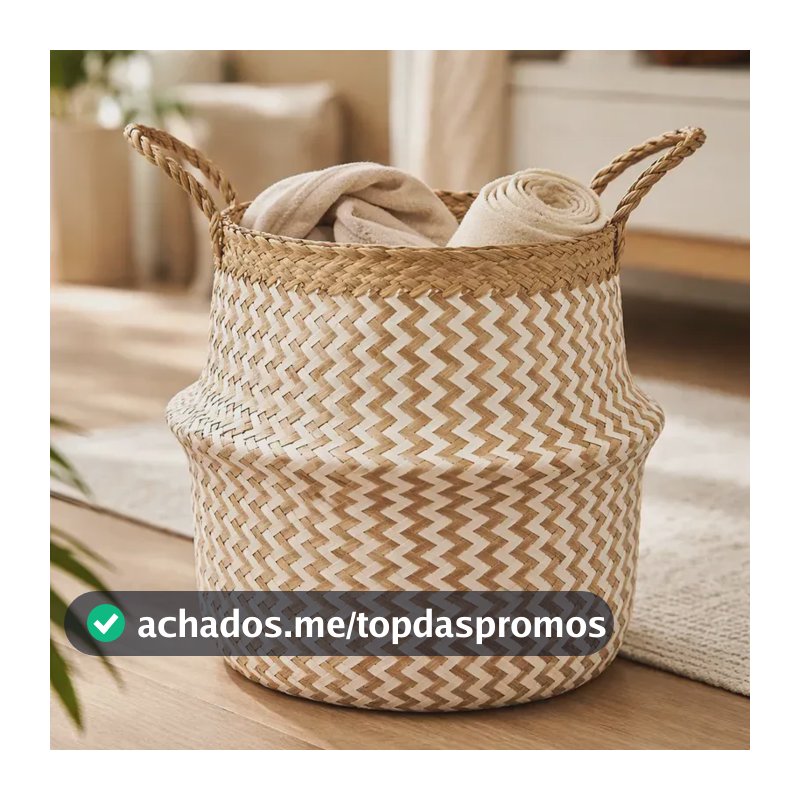 Cesto Decorativo Organizador Seagrass Dobrável C/ Alças 33cm Cesto Branco E Natural