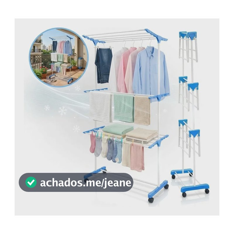Varal de Chão Dobrável 3 Andares c/ Rodas e 2 Asas Extensíveis, p/ Roupas e Calçados, Aço Reforçado 40kg