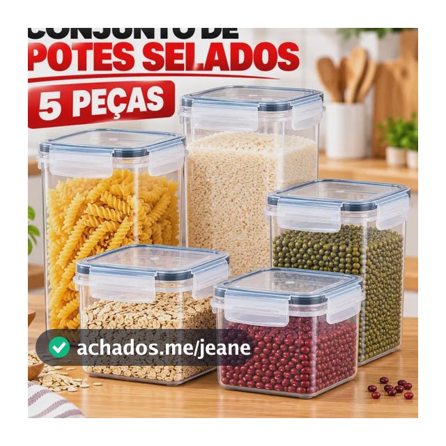 Kit5 Potes Herméticos Mantimentos Cozinha Tampa Trava Casa Transparente