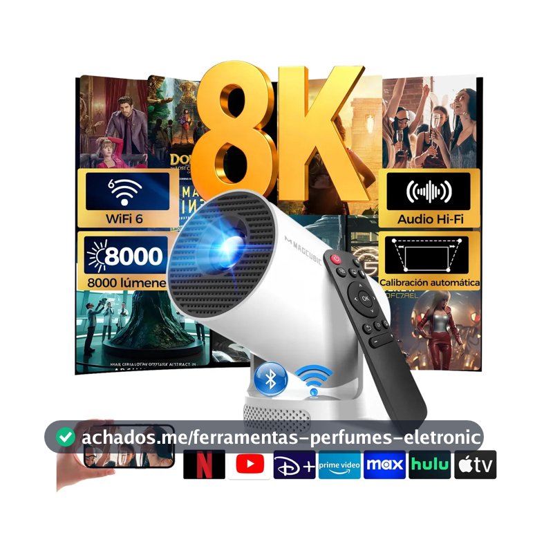 Mini projetor portátil Magcubic 8k Hy300pro+ Led 260ansi Android Smart TV Dual Wifi6 Bluetooth 5.4 com HDMI USB e som Hifi
