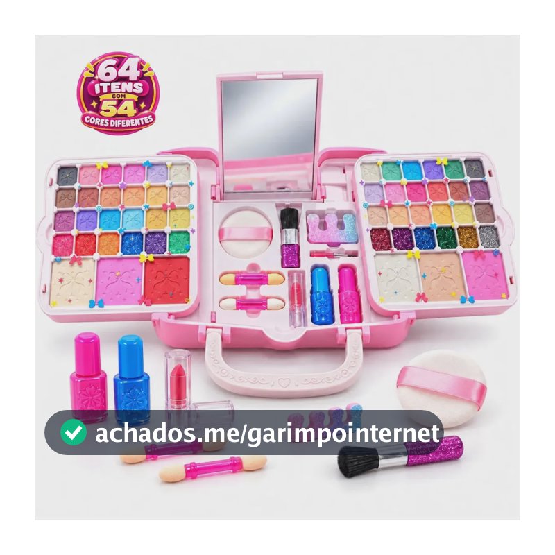 Kit Maquiagem Infantil 64 Itens 54 Cores Bolsa Mágica Com Espelho e Alça Brinquedo Completo Lavável Menina 3+