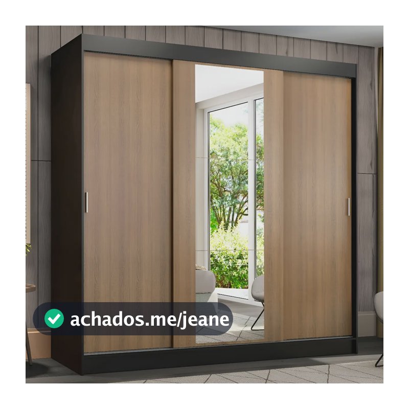 Guarda-roupa Casal Madesa Reno 3 Portas Correr Com Espelho P Cor Preto/Rustic