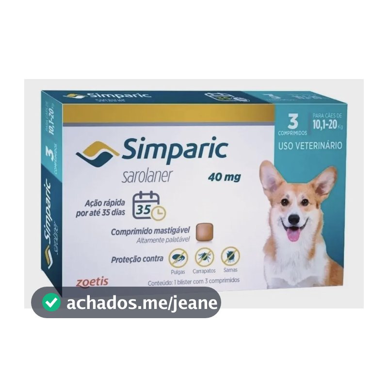 Simparic 40mg Cães 10,1-20kg Pulgas Carrapatos 3 Comprimidos Zoetis