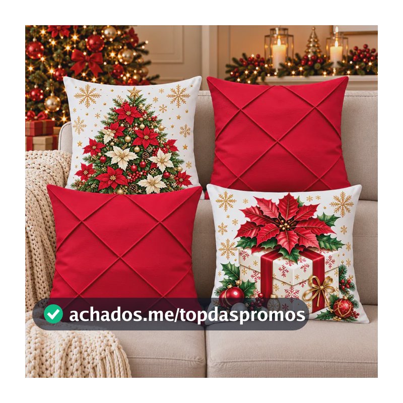 Kit 4 Capas De Almofadas Natal Vermelho Suede Drapeado 45x45 Suede Natalino 01